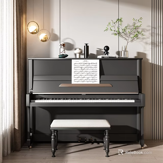 Elegant Black Piano Interior With Music Sheet Stool Vase And Pendant Lights 3d model 