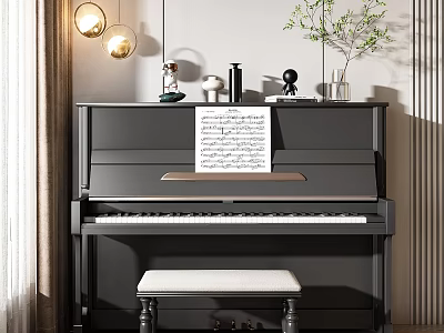 Elegant Black Piano Interior With Music Sheet Stool Vase And Pendant Lights 3d model