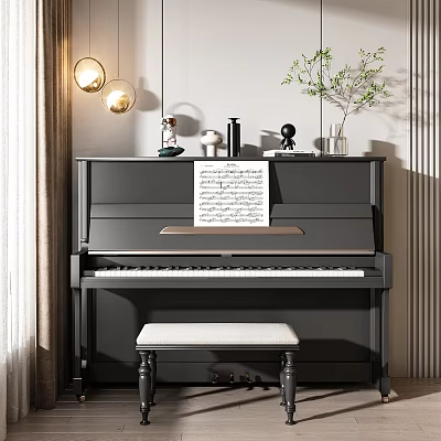 Elegant Black Piano Interior With Music Sheet Stool Vase And Pendant Lights 3d model