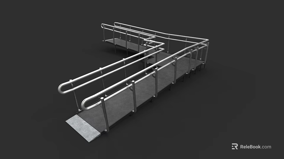 Modern Staircase With Metal Handrails Non Slip Gray Treads And Platforms 3d model 