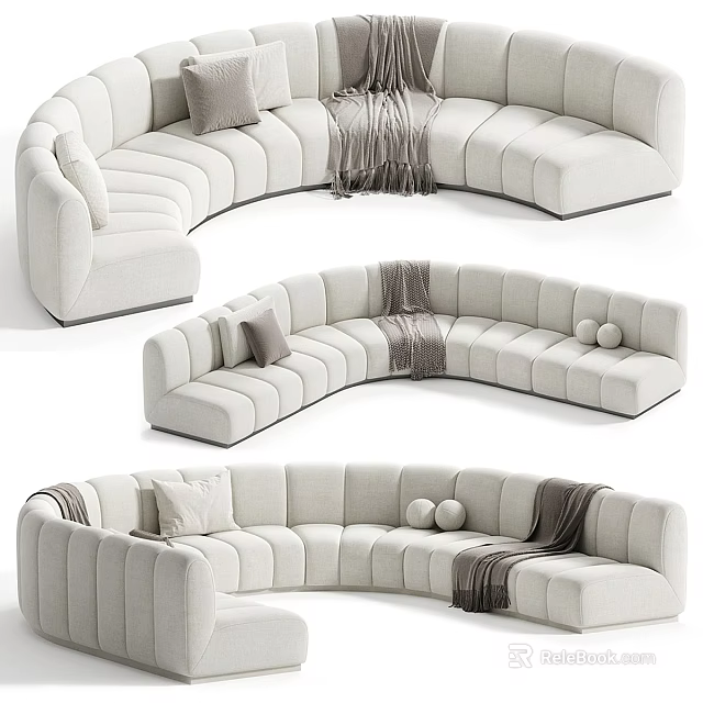 Light Upholstered Curved Sectional Sofa With Decorative Pillows And Throw Blanket 3d model 