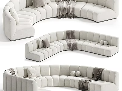Light Upholstered Curved Sectional Sofa With Decorative Pillows And Throw Blanket 3d model