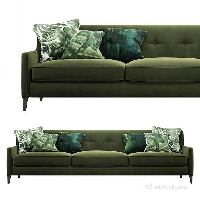 Green Sectional Sofa with Leaf Patterned Cushions in Modern Living Room 3d model