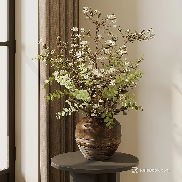 Decorative Floral Arrangement With Green Leaves And White Flowers In Terracotta Vase On Small Table 3d model 