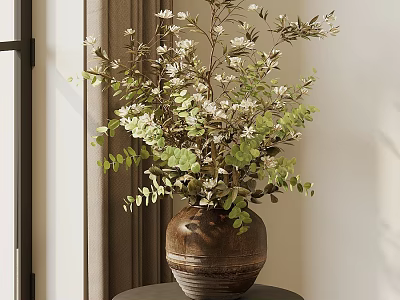 Decorative Floral Arrangement With Green Leaves And White Flowers In Terracotta Vase On Small Table 3d model