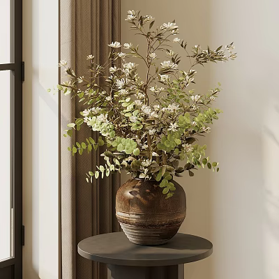 Decorative Floral Arrangement With Green Leaves And White Flowers In Terracotta Vase On Small Table 3d model