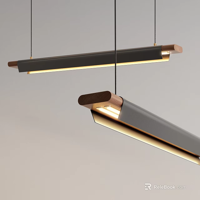Modern Elongated Pendant Lights With Wooden Accents Metal Frame And Warm Lighting 3d model 