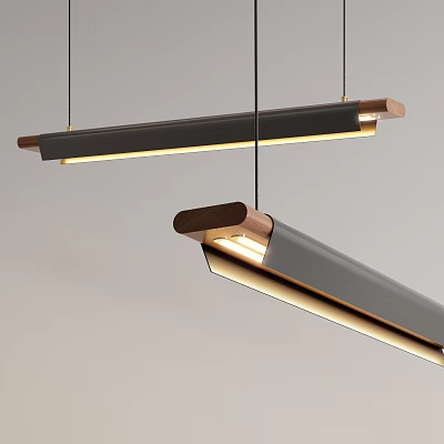 Modern Elongated Pendant Lights With Wooden Accents Metal Frame And Warm Lighting 3d model