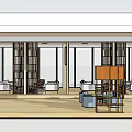 Modern Leisure Area Interior With Blue Sofa Wooden Partitions And Hanging Lights