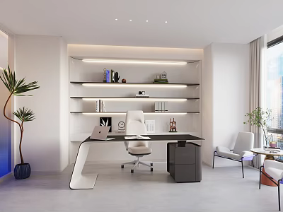 Modern Office Interior With Floating Shelves Work Desk Chair And Potted Plants 3d model