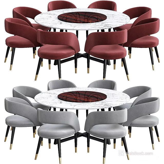 Modern Dining Table Set With Round Marble Top Upholstered Chairs And Metal Legs 3d model 
