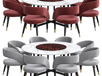Modern Dining Table Set With Round Marble Top Upholstered Chairs And Metal Legs 3d model