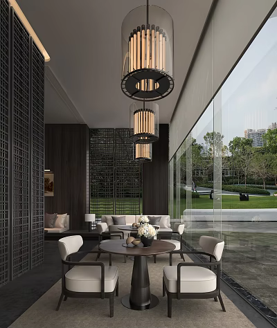 Modern Lounge Area Interior Design With Chandeliers Sofa And Floor to Ceiling Windows 3d model