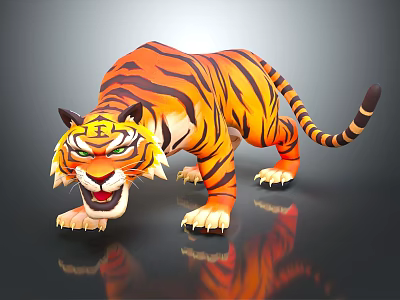 Fierce Orange Striped Tiger With Yellow Headband And Reflection On Black Surface 3d model