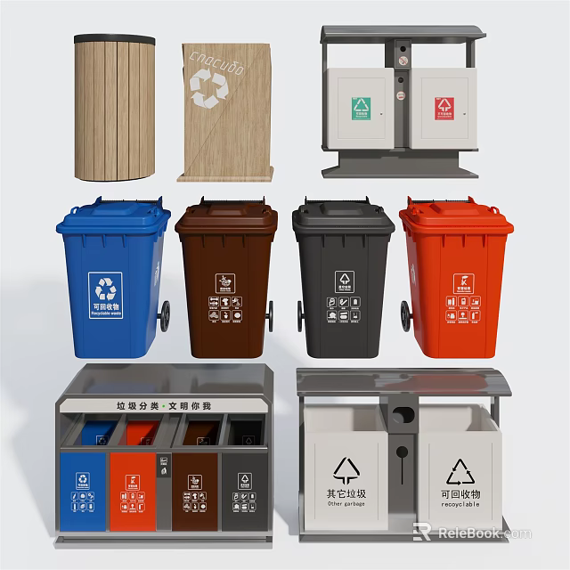 Public Facilities Featuring Colorful Sorted Trash Bins With Recycling Symbols 3d model 