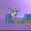 Game Movie Character Skateboarding With Purple Skateboard In Purple Background Blue Curved Structures Yellow Railings White Cap
