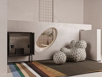 Modern Office Interior With Geometric Patterned Chairs Colorful Striped Rug And Circular Window Decor 3d model