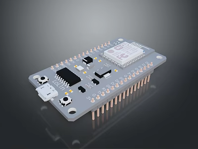 Computer Circuit Board Featuring Integrated Microcontroller Chip And Metal Pins 3d model
