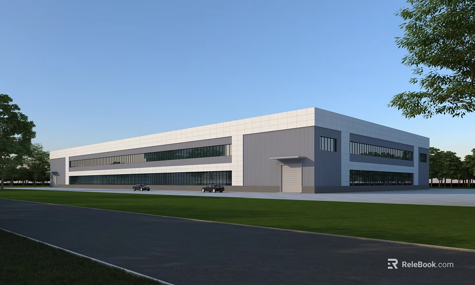 Modern Industrial Factory Building With Gray White Exterior Large Windows And Green Lawn Area 3d model 