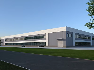 Modern Industrial Factory Building With Gray White Exterior Large Windows And Green Lawn Area 3d model