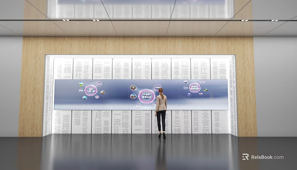 Person Interacting With Large Digital Screen Featuring Circular Icons On Wooden Wall 3d model 