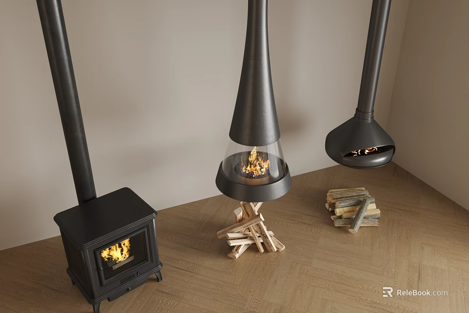 Various Modern Fireplaces Including Freestanding Stove Glass Enclosed Design With Conical Chimneys and Wood Piles on Wooden Flooring 3d model 