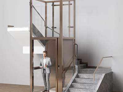 Modern Elevator With Glass Door And Staircase In Residential Interior Design 3d model