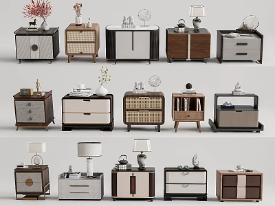 Bedside Tables In Multiple Design Styles With Decorative Lamps Vases And Storage Drawers 3d model