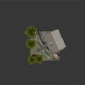 Cartoon Scene With Wooden Cabin Pine Trees Stream And Rocky Terrain