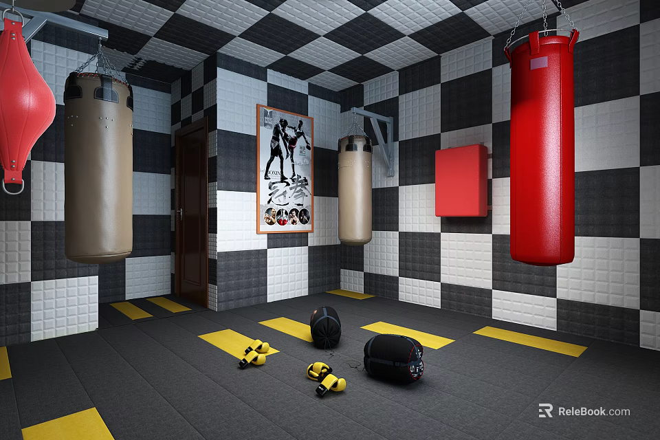 Fitness Training Room With Black And White Checkered Walls Hanging Punching Bags And Exercise Balls 3d model 