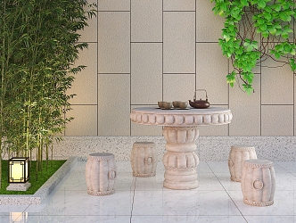 New Chinese Style Outdoor Table and Chair Stone Table Stool 3d model