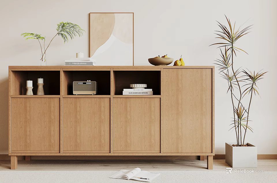 Natural Wood Entryway Cabinet Sideboard With Decorative Plants Framed Art And Books 3d model 