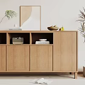 Natural Wood Entryway Cabinet Sideboard With Decorative Plants Framed Art And Books