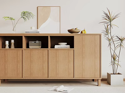 Natural Wood Entryway Cabinet Sideboard With Decorative Plants Framed Art And Books 3d model