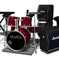 Musical Instruments Collection Featuring Red Drum Set White Guitar And Marshall Amplifiers