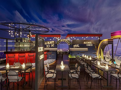 Rooftop Bar with Starry Sky Ceiling City Night View and Neon Signs Comfortable Tables Chairs 3d model