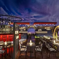 Rooftop Bar with Starry Sky Ceiling City Night View and Neon Signs Comfortable Tables Chairs