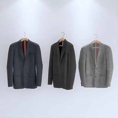 Three Suit Jackets Hanging On Wooden Hangers In Different Gray Tones For Minimalist Formal Wear 3d model