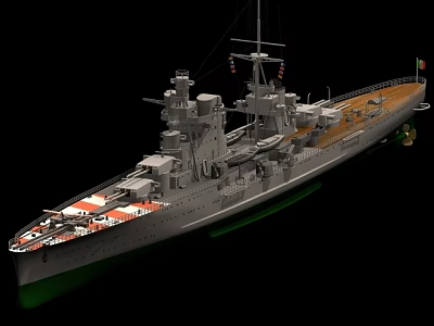 3D Model of Italian Warship with Grey Hull Green Bottom Multiple Turrets and Upper Structures 3d model