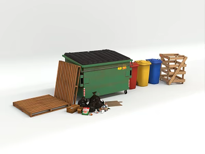 Public Facility Green Waste Container With Colorful Recycling Bins And Wooden Pallets 3d model