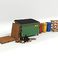 Public Facility Green Waste Container With Colorful Recycling Bins And Wooden Pallets