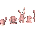 Pink Rabbit Figurines In Different Poses Holding Objects Sitting Lying With Qi Jixiang Sign 3d model