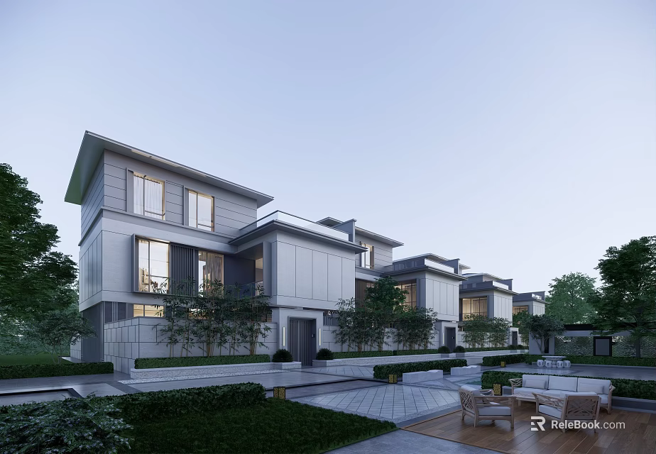 Modern Townhouse Exterior Design With Connected Units Large Windows and Landscaped Garden 3d model 