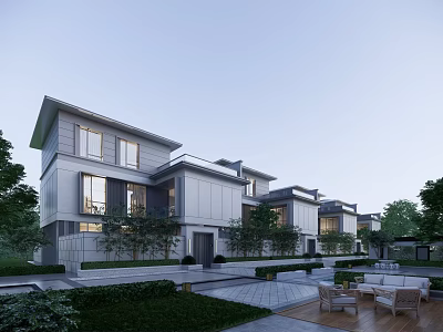 Modern Townhouse Exterior Design With Connected Units Large Windows and Landscaped Garden 3d model