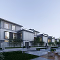 Modern Townhouse Exterior Design With Connected Units Large Windows and Landscaped Garden