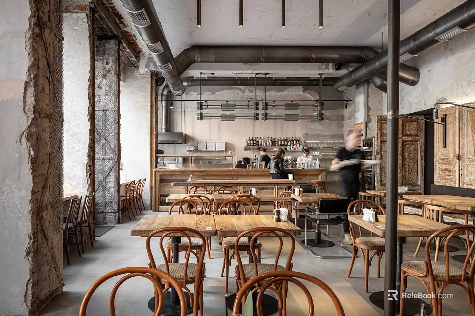 Industrial Style Coffee Shop Interior With Wooden Tables And Metal Decor Elements 3d model 