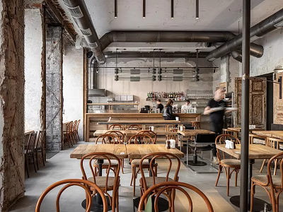 Industrial Style Coffee Shop Interior With Wooden Tables And Metal Decor Elements 3d model