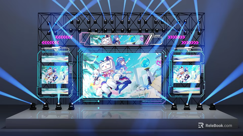 Vibrant Stage Setup With Blue Lighting Anime Characters On Large Screens Dynamic Visual Effects 3d model