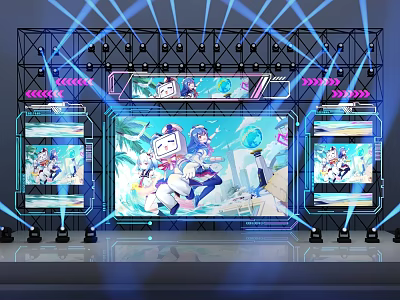 Vibrant Stage Setup With Blue Lighting Anime Characters On Large Screens Dynamic Visual Effects 3d model