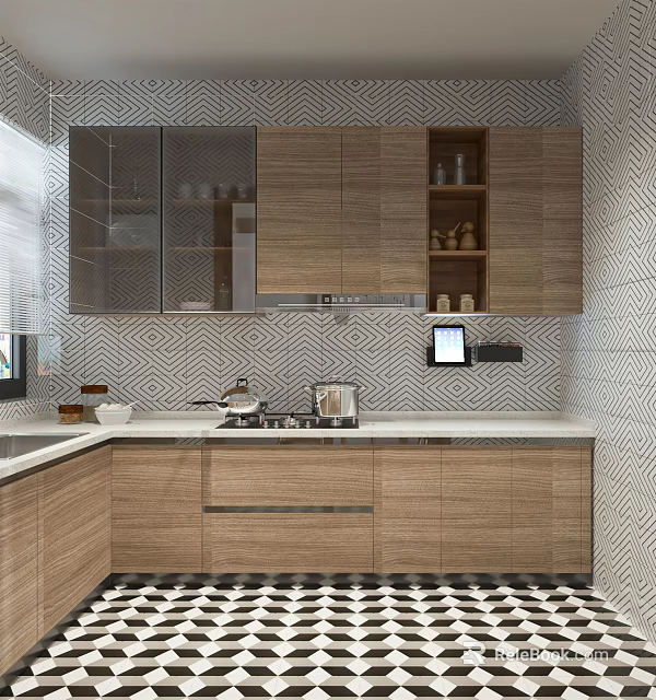 Modern Kitchen Interior With Wooden Cabinets Glass Door Storage Countertop And Geometric Patterned Wall 3d model 